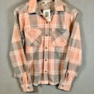 beachlunchlounge Women's Plaid Button Down Shirt in Pink and Gray